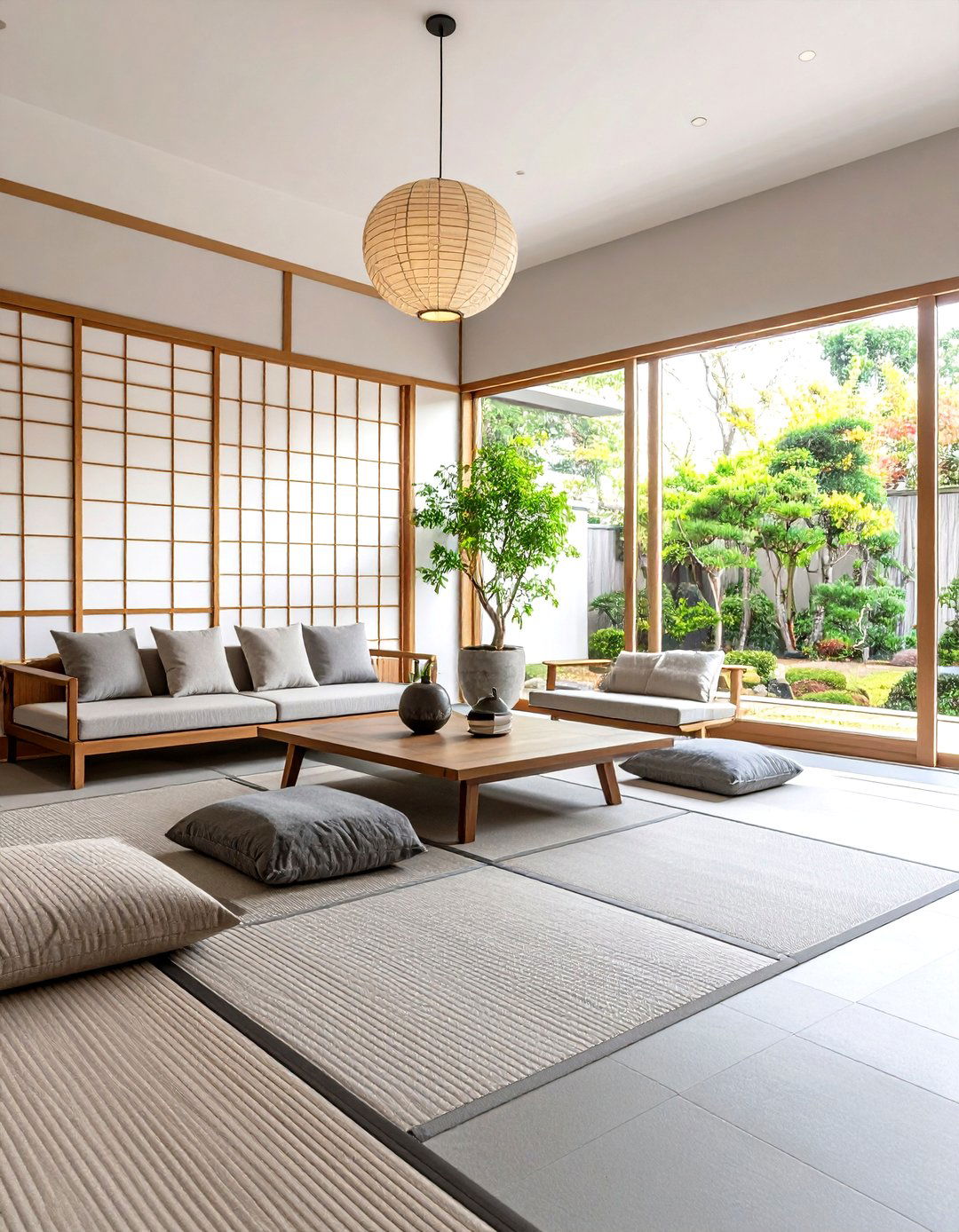 Japanese Zen Living Room with Light Grey Tatami Style Carpet - 30 grey flooring living room ideas