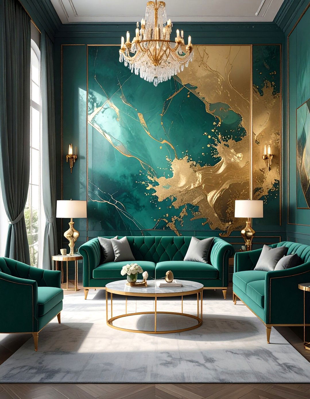 Jewel Toned Emerald to Gold Feature Wall - 30 gradation in interior design ideas