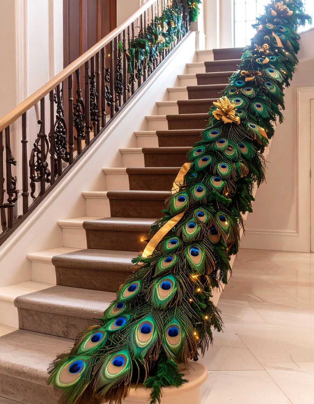 Jewel Toned Peacock Feather Garland - 30 garland on stairs ideas