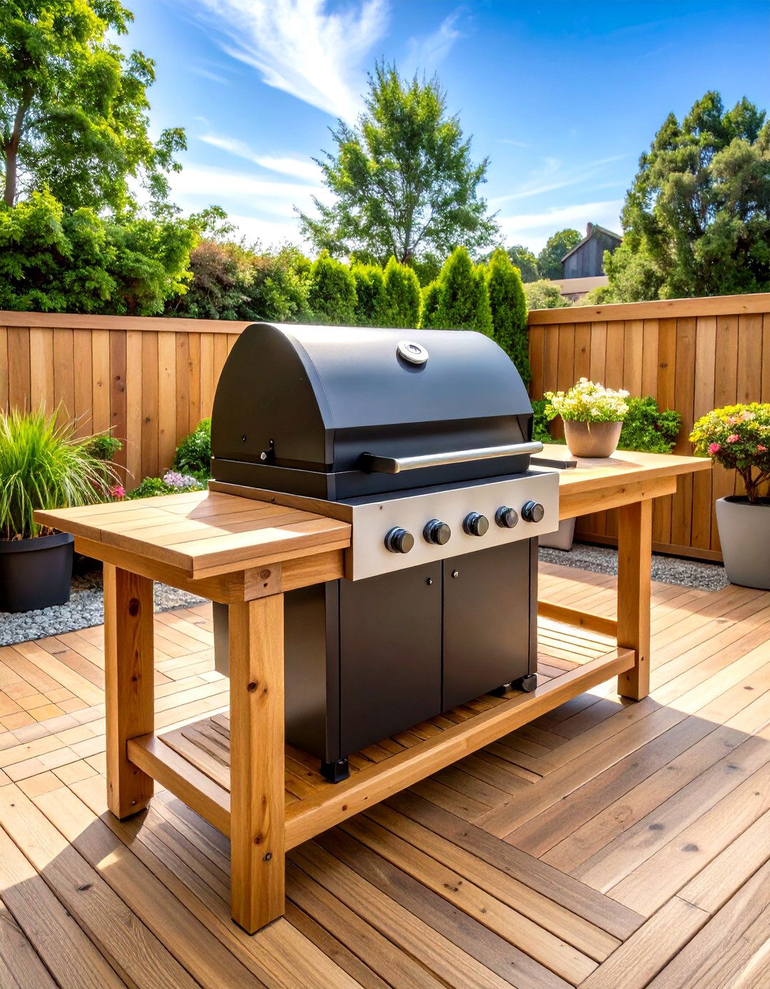 Kamado Style Grill in a Wooden Table Stand - 30 patio grill ideas
