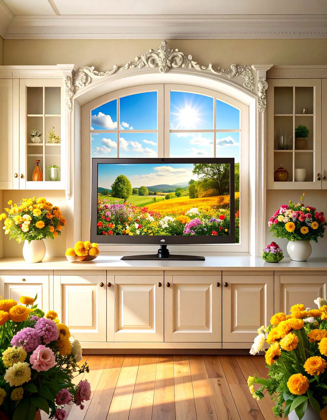 Kitchen TV Set Within a Faux Window Frame - 30 kitchen tv ideas