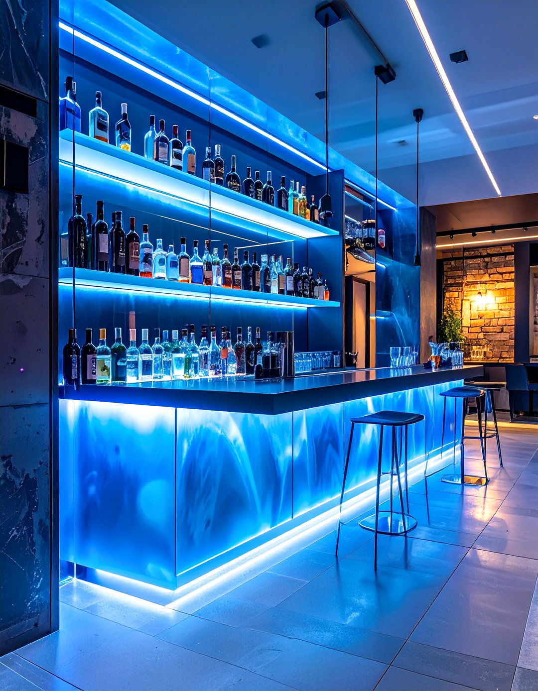 LED Backlit Shelving Bar - 30 small basement bar ideas