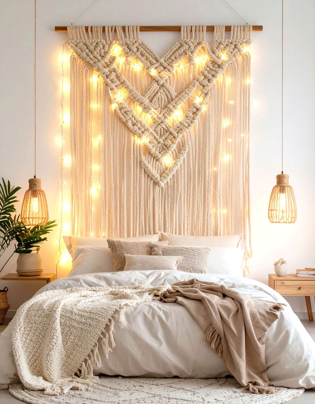 LED Lights Woven Through a Macrame Wall Hanging - 30 teenage girl bedroom ideas with led lights