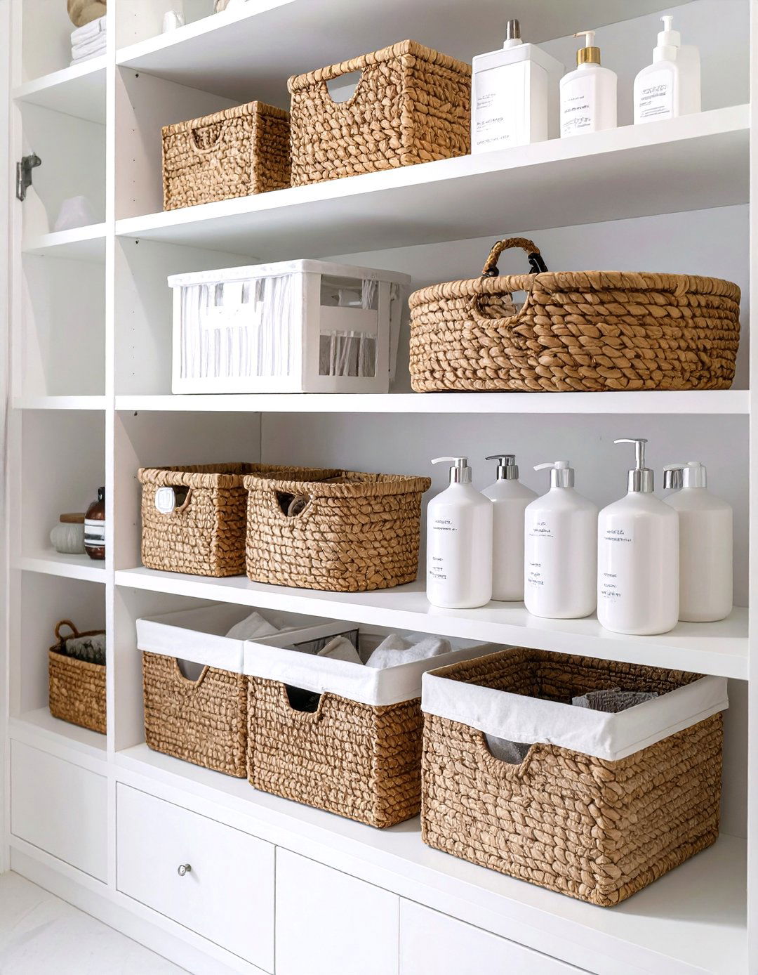 Labeled Bins and Baskets System - 30 bathroom closet organization ideas