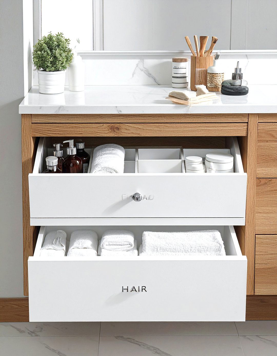 Labeled Containers for Ultimate Clarity - 30 bathroom drawer organization ideas