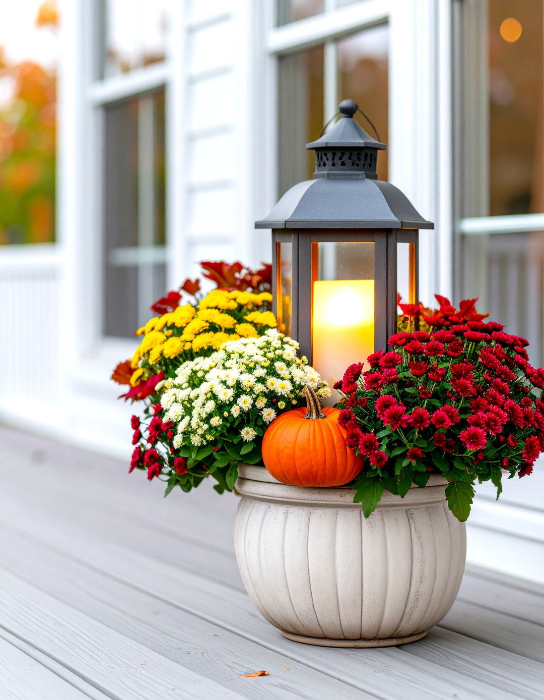 Lantern Lit Fall Planter - 30 front porch fall planter ideas