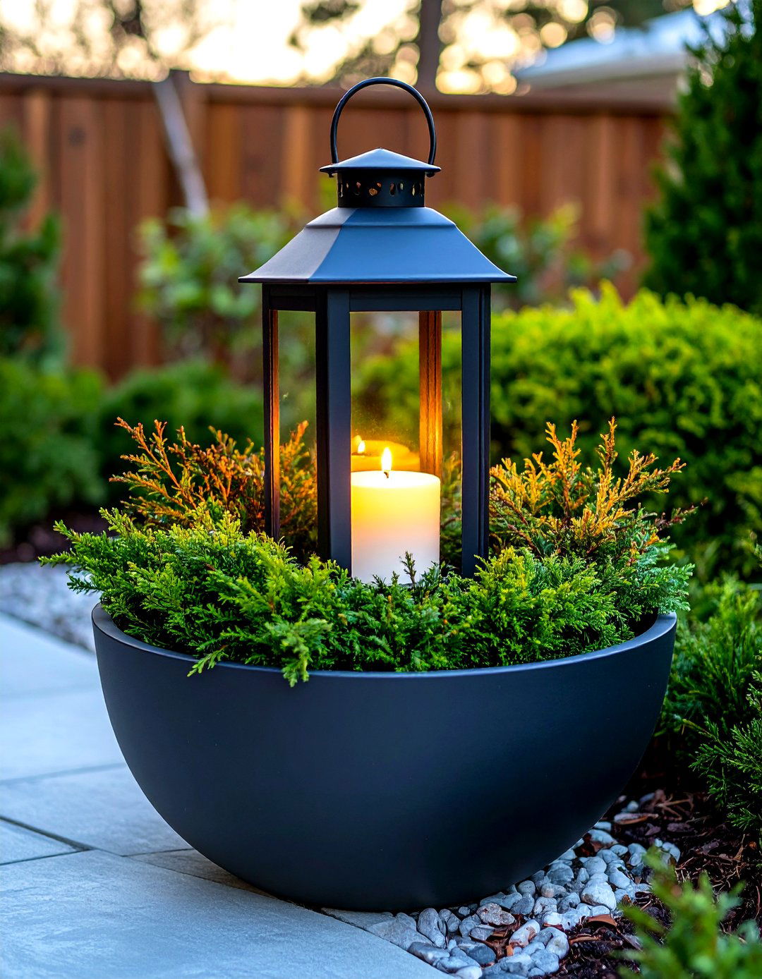 Lantern and Evergreen Winter Planter - 30 outdoor winter planter ideas