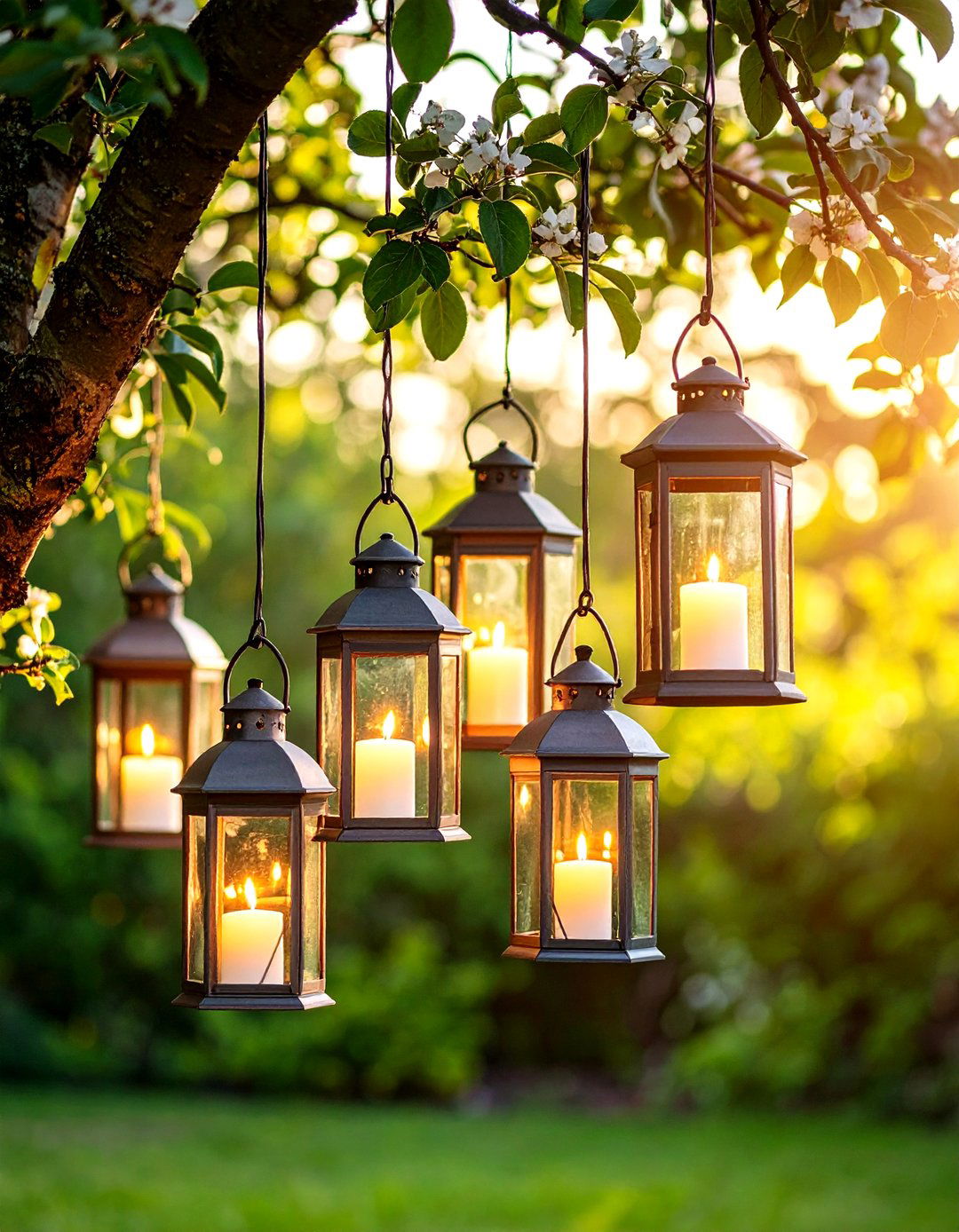 Lanterns Hung at Varying Heights - 30 outdoor tree lighting ideas