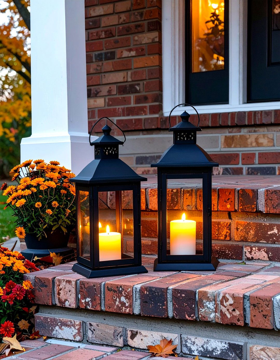 Lanterns with Faux Candles - 30 small front porch fall decorating ideas