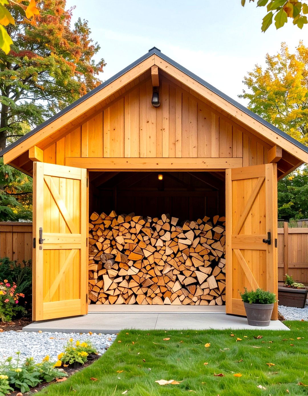 Large Capacity Firewood Shed with Double Doors - 30 outdoor firewood storage ideas