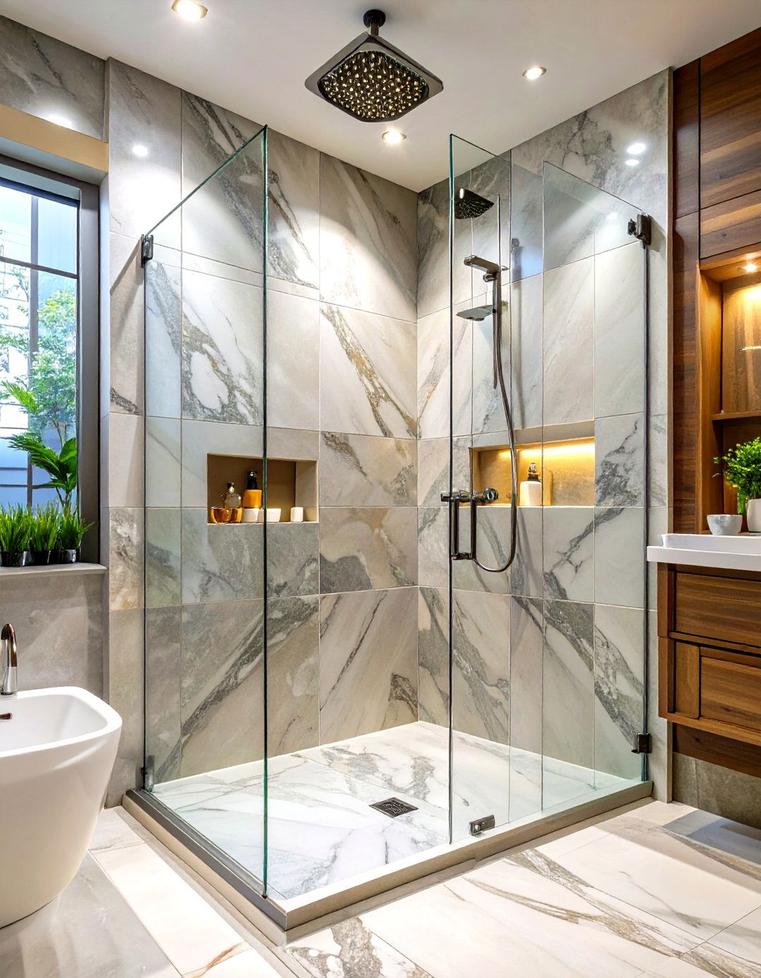 Large Format Marble Look Porcelain Tiles - 30 tiled shower ideas