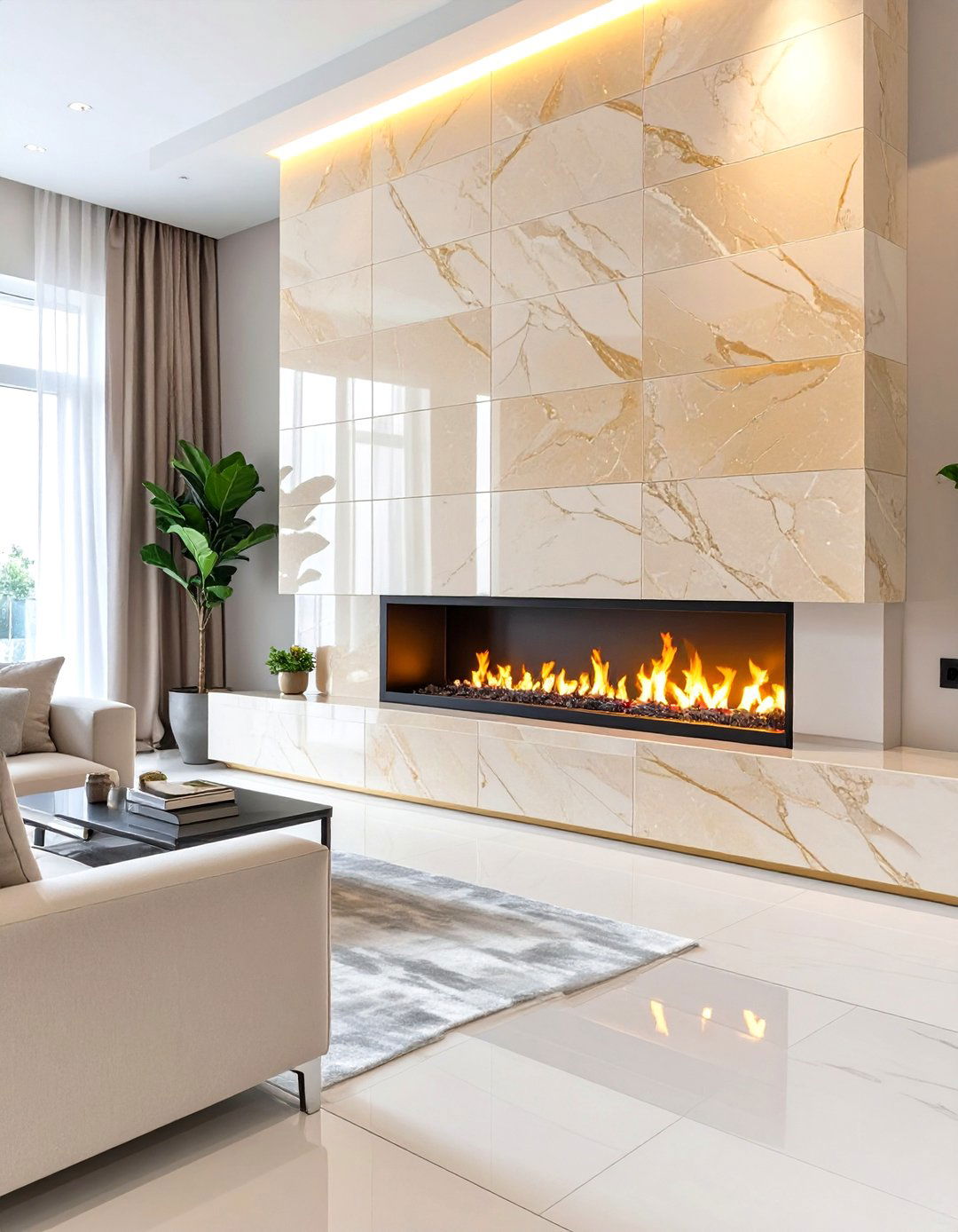 Large Format Porcelain Tile - 30 modern fireplace accent wall ideas