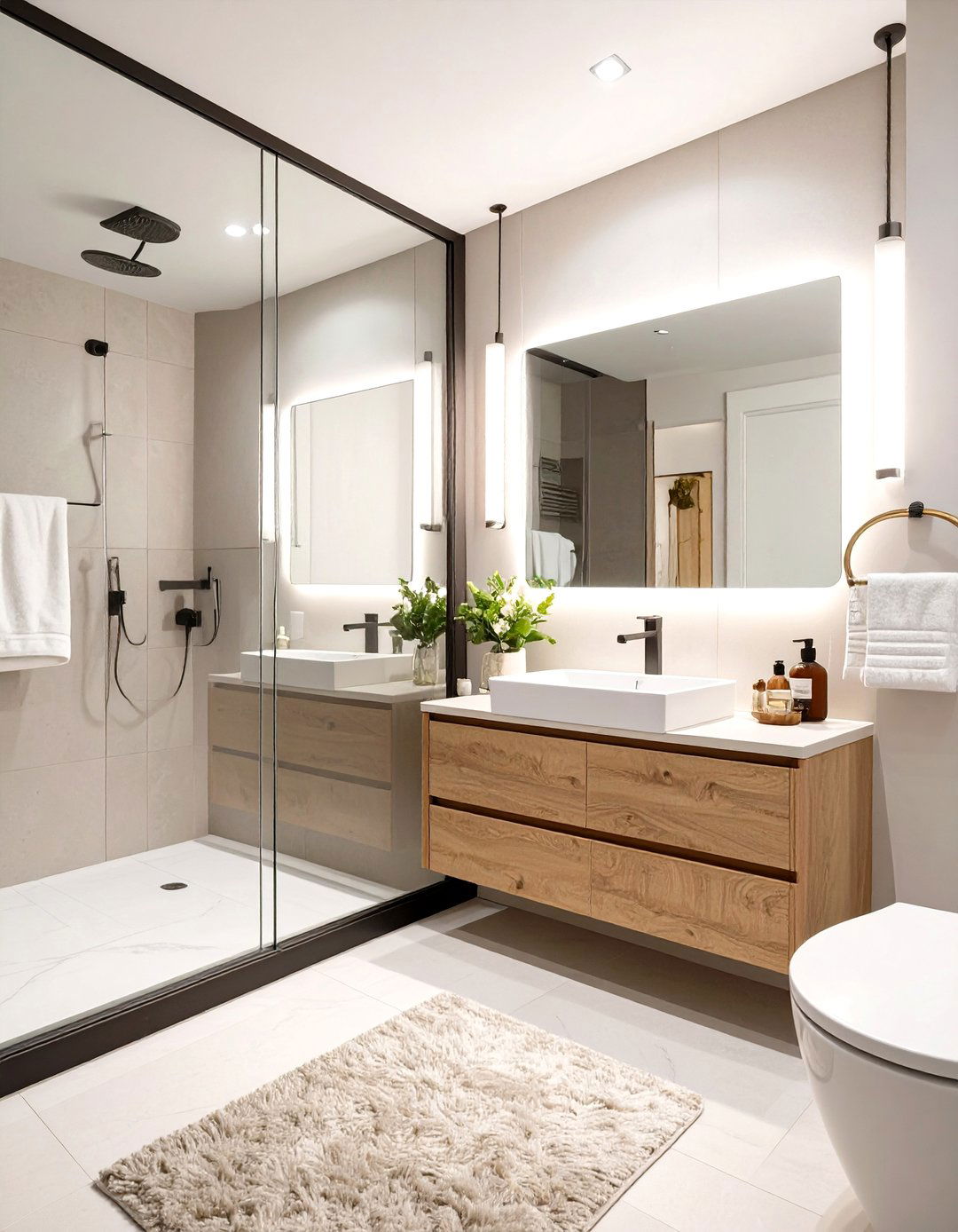 Large Mirror Illusion - 30 cheap bathroom ideas for small bathrooms