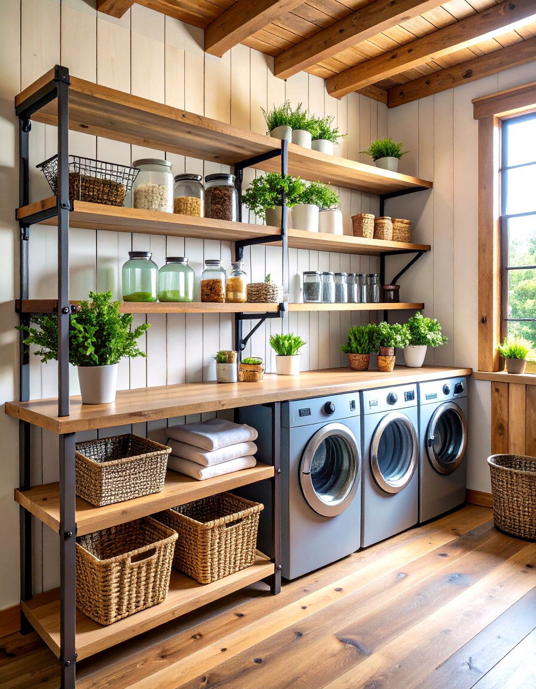 Laundry Room with Open Pipe Shelving - 30 farmhouse laundry room ideas