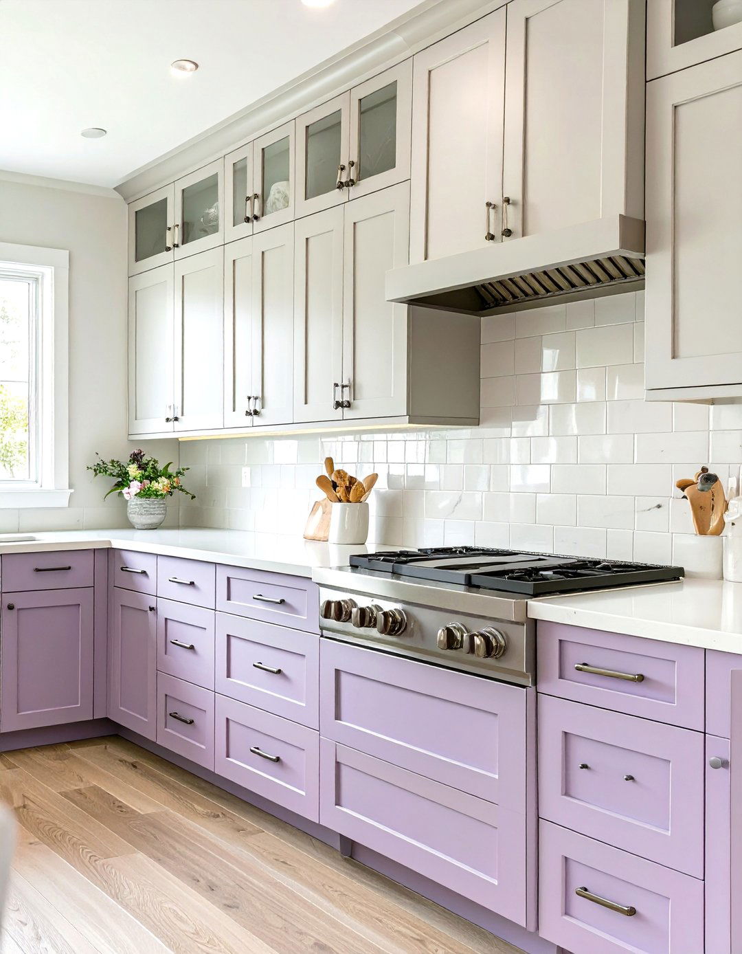 Lavender Lower Cabinets with Pale Gray Uppers - 30 two tone painted kitchen cabinet ideas