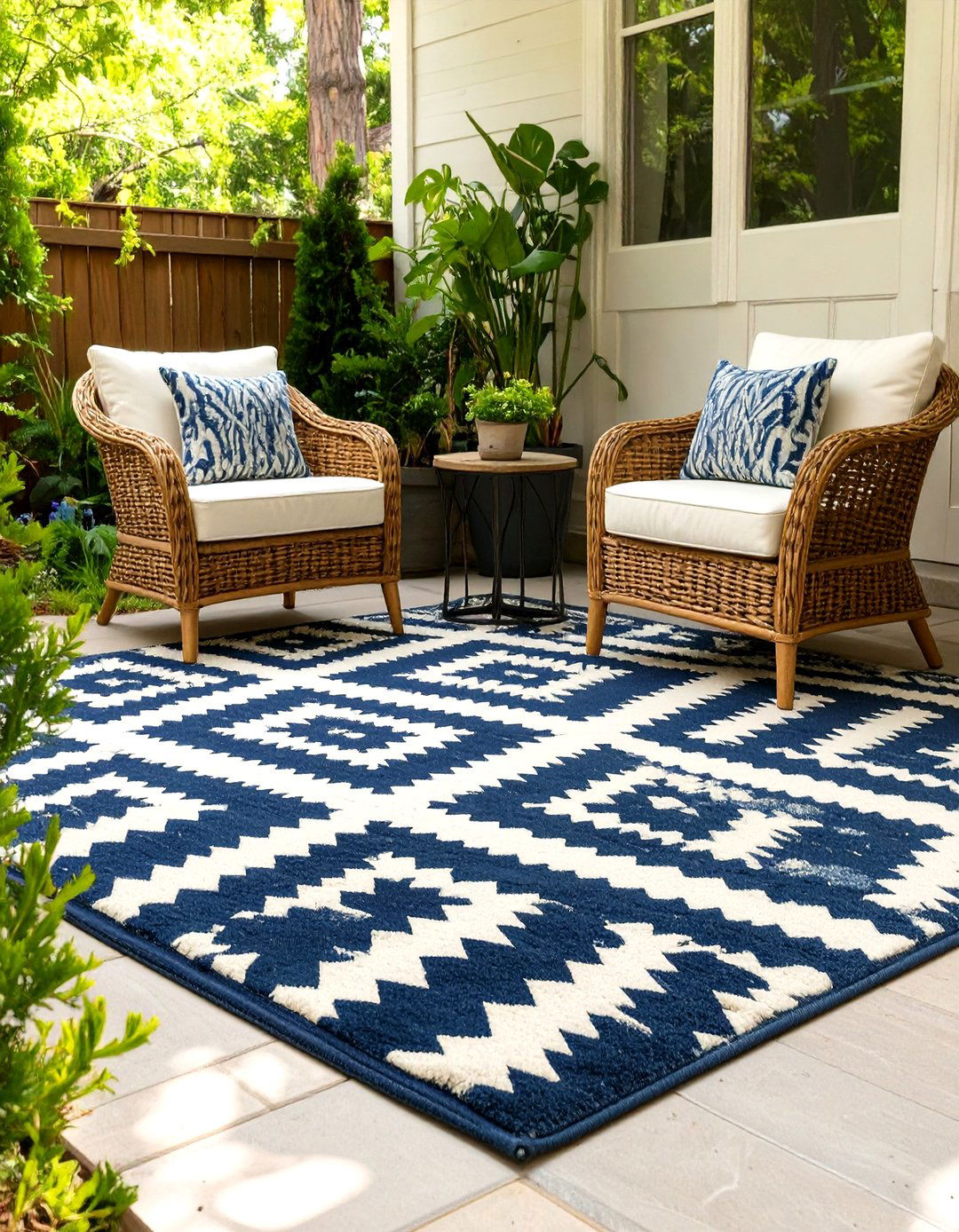 Lay Down a Weather Resistant Outdoor Rug - 30 small patio decorating ideas
