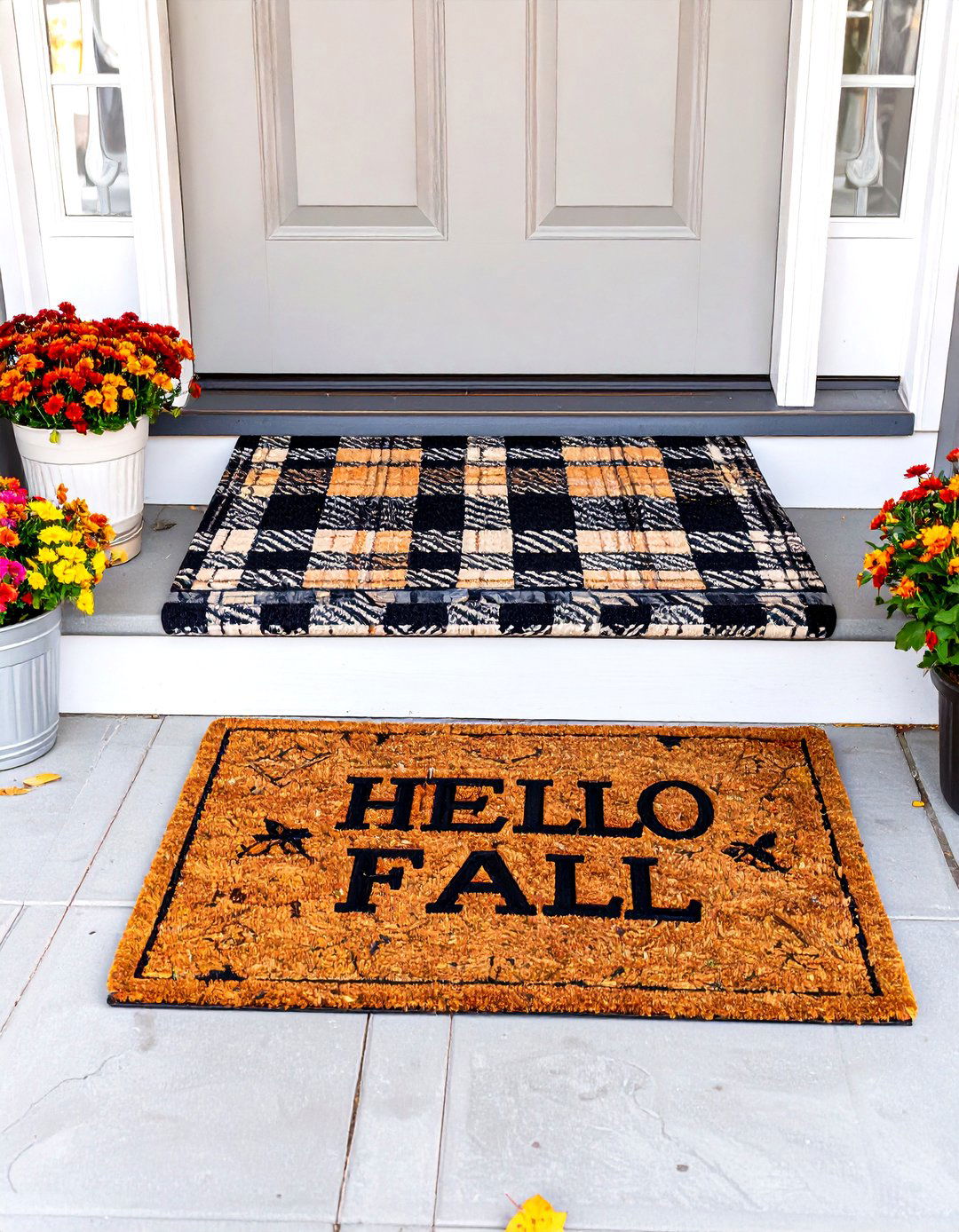 Layered Doormat Welcome - 30 small front porch fall decorating ideas