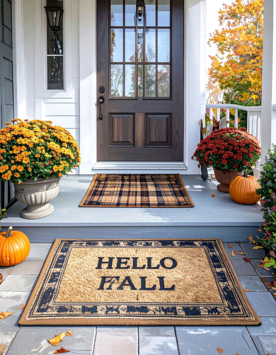 Layered Doormats with Plaid and Jute - 30 outdoor fall decor ideas