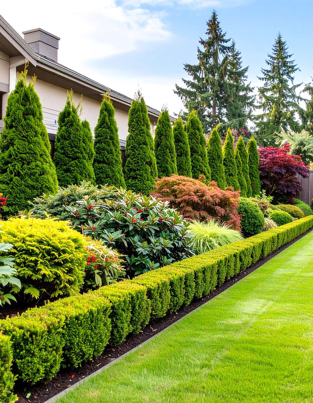 Layered Evergreen Shrub Border - 30 tall backyard privacy ideas