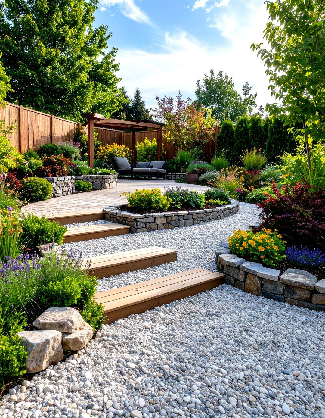 Layered Pea Gravel Patio on a Slope - 30 pea gravel patio ideas