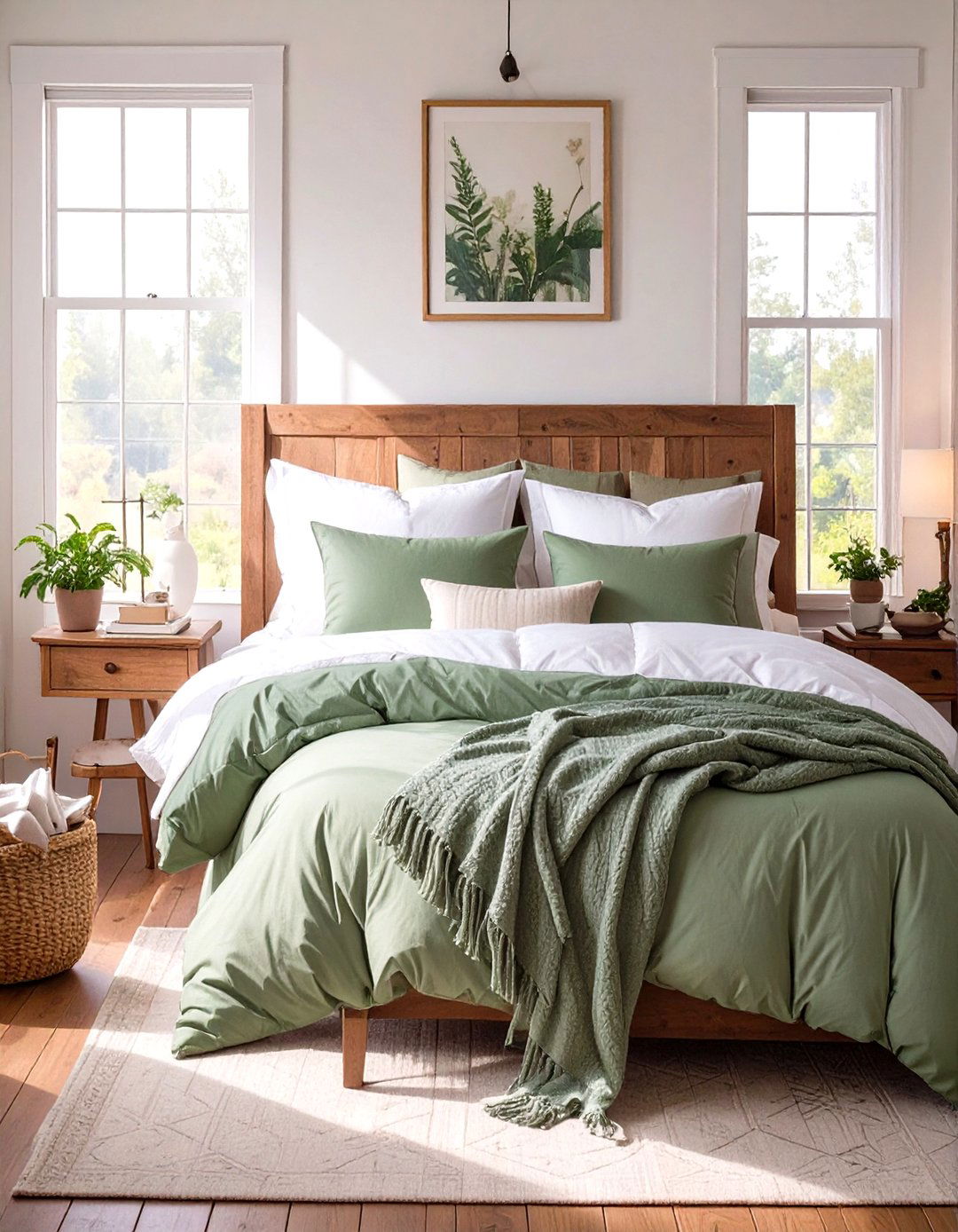 Layered Sage Green Bedding with Natural Textiles - 30 rustic sage green bedroom ideas