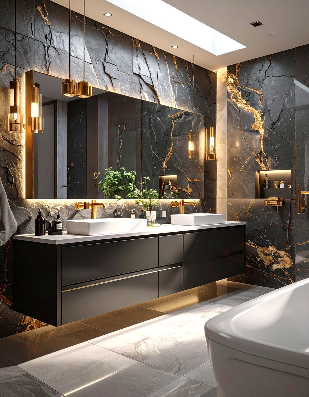 Layered Textures Bathroom - 30 black and gold bathroom ideas