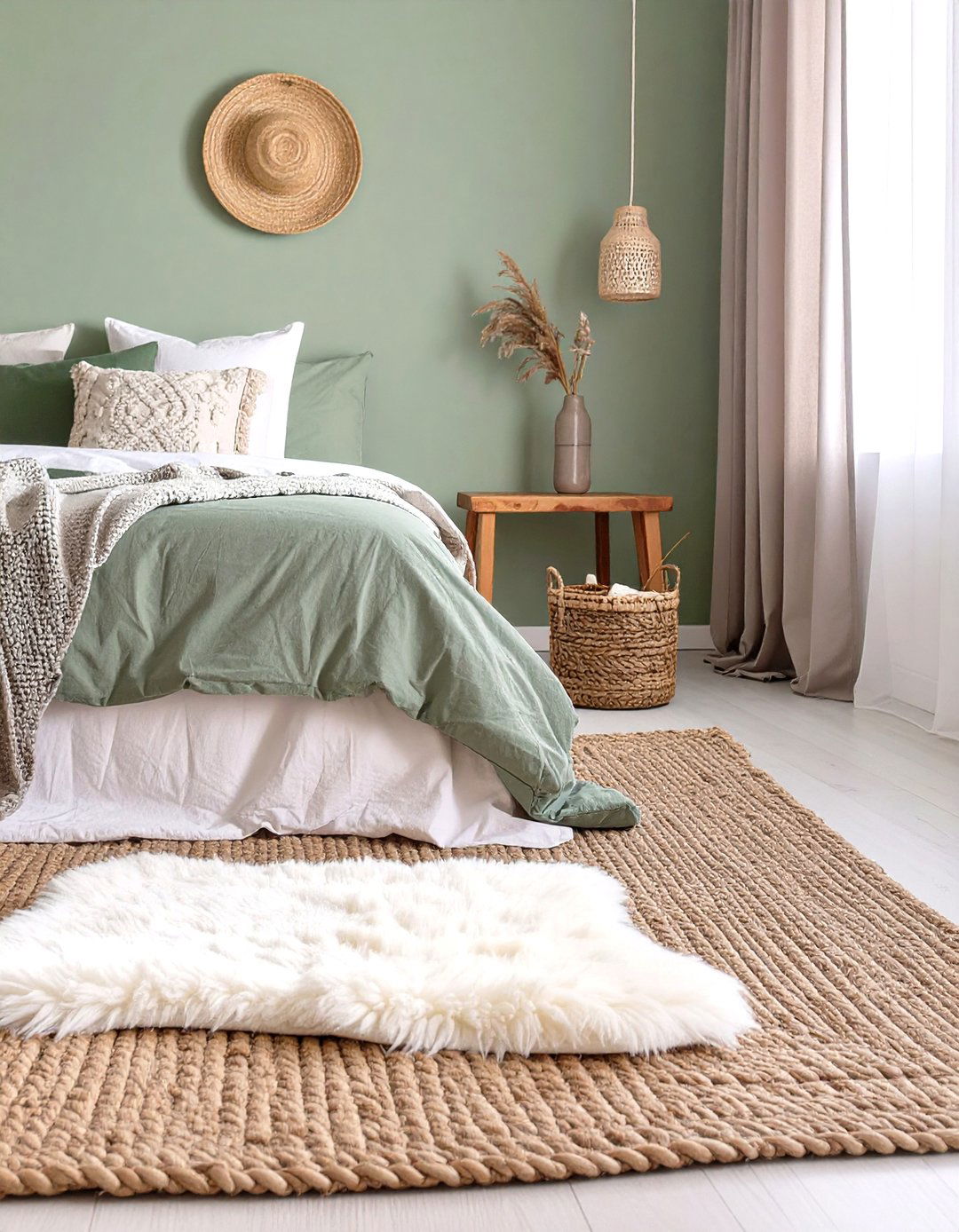 Layering Rugs for Added Texture - 30 rustic sage green bedroom ideas