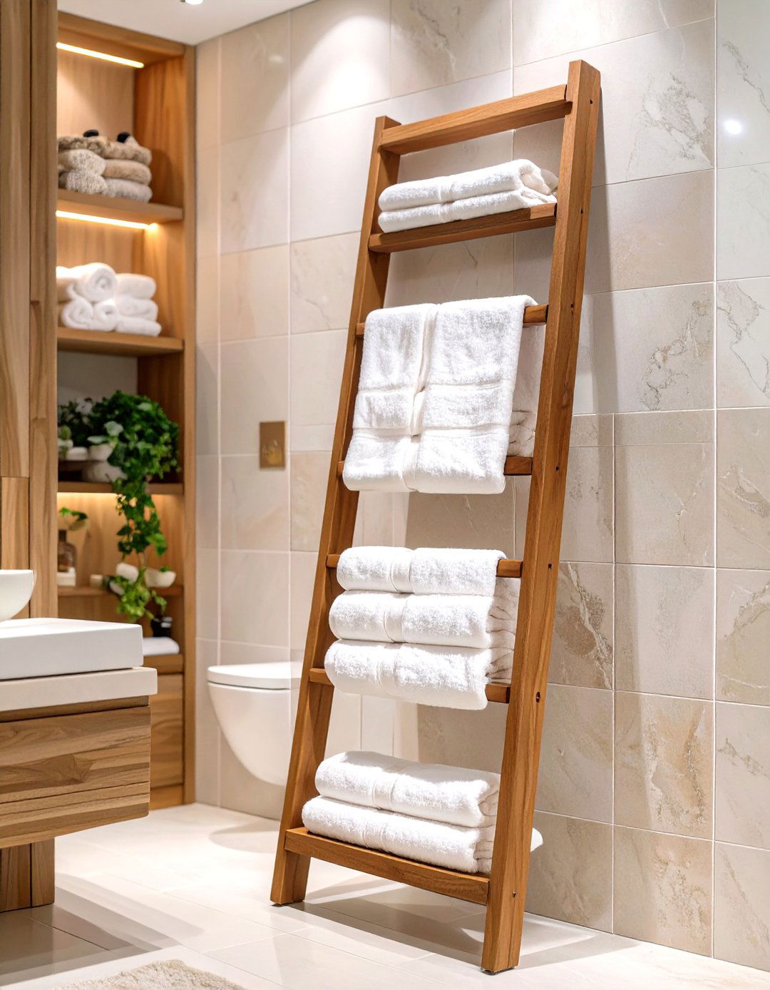 Leaning Blanket Ladder - 30 bathroom towel storage ideas