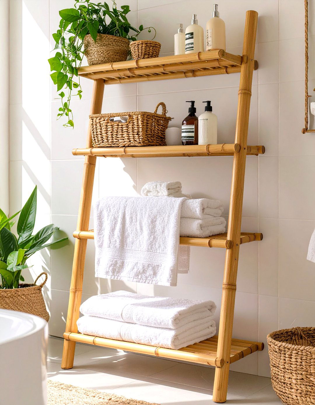 Leaning Ladder Bathroom Shelf - 30 bathroom shelf decor ideas