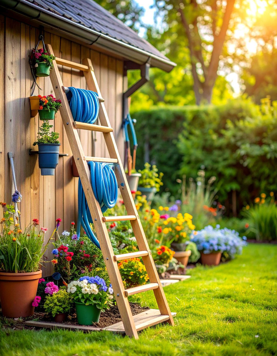 Leaning Ladder Garden Organizer - 30 garden hose storage ideas