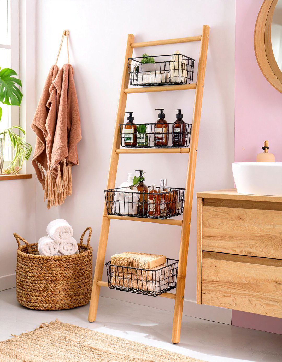 Leaning Ladder Organizer - 30 bathroom counter organization ideas