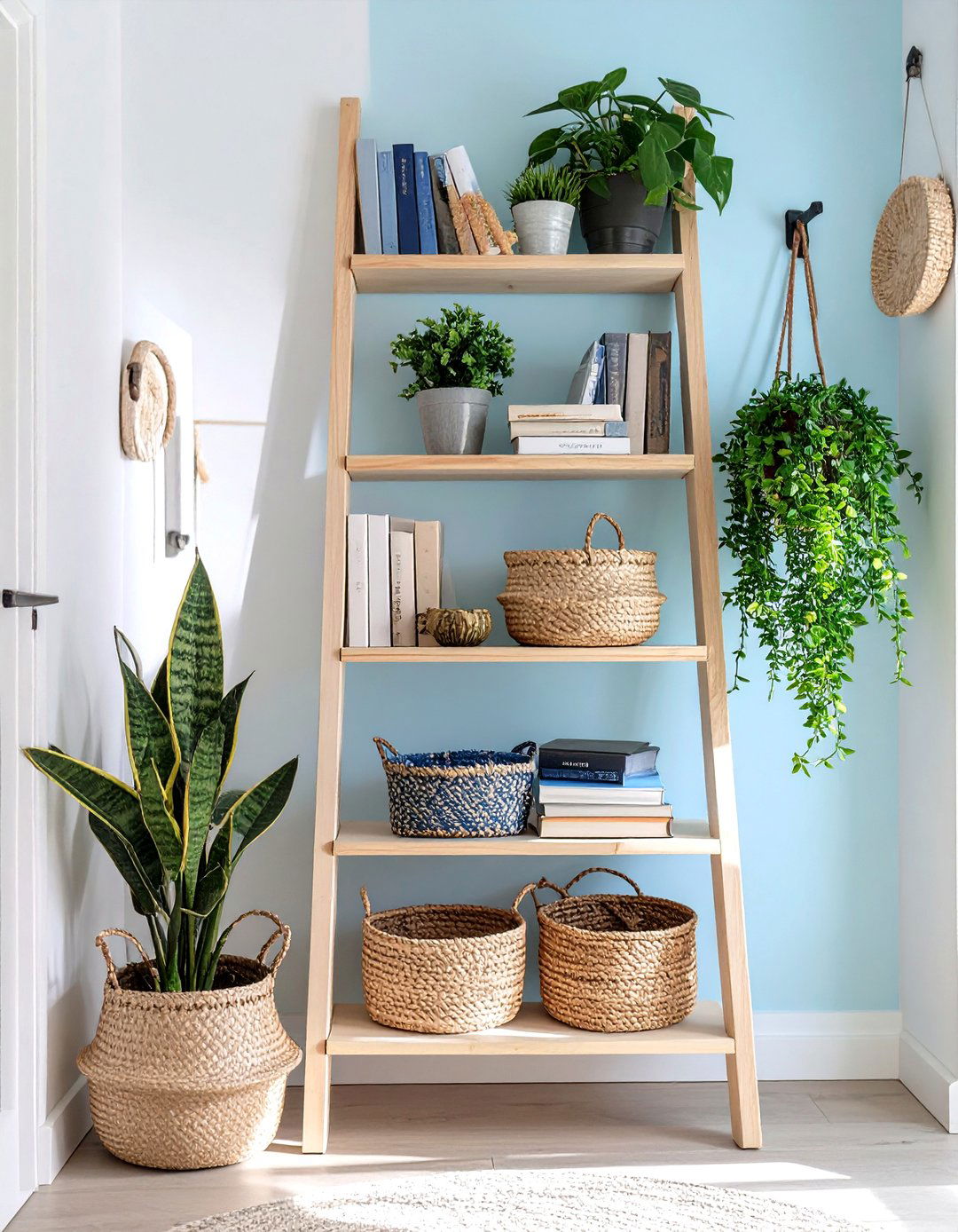 Leaning Ladder Shelf Display - 30 hallway storage ideas