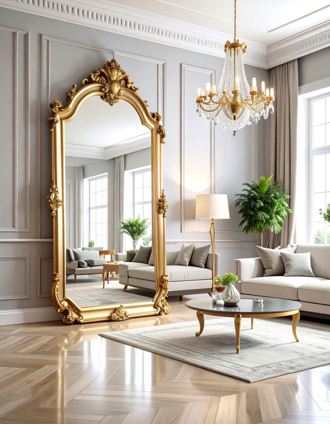 Leaning Oversized Mirror Living Room - 30 living room high ceiling wall decor ideas