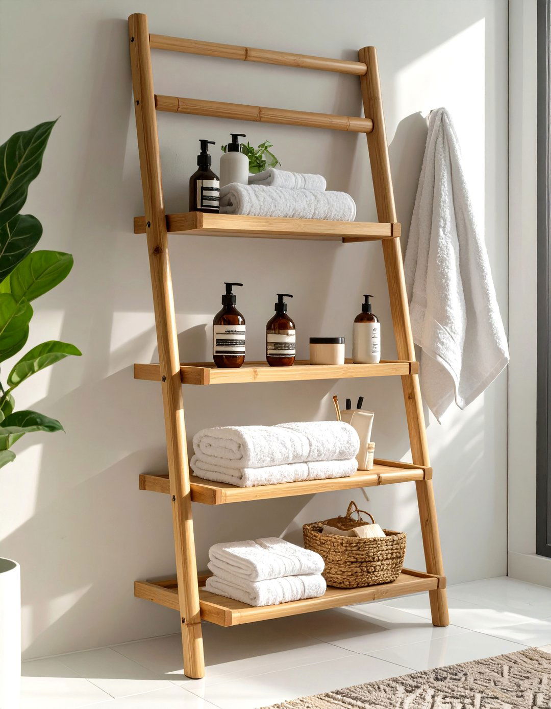 Leaning Towel Rail with Shelves - 30 bathroom shelf ideas