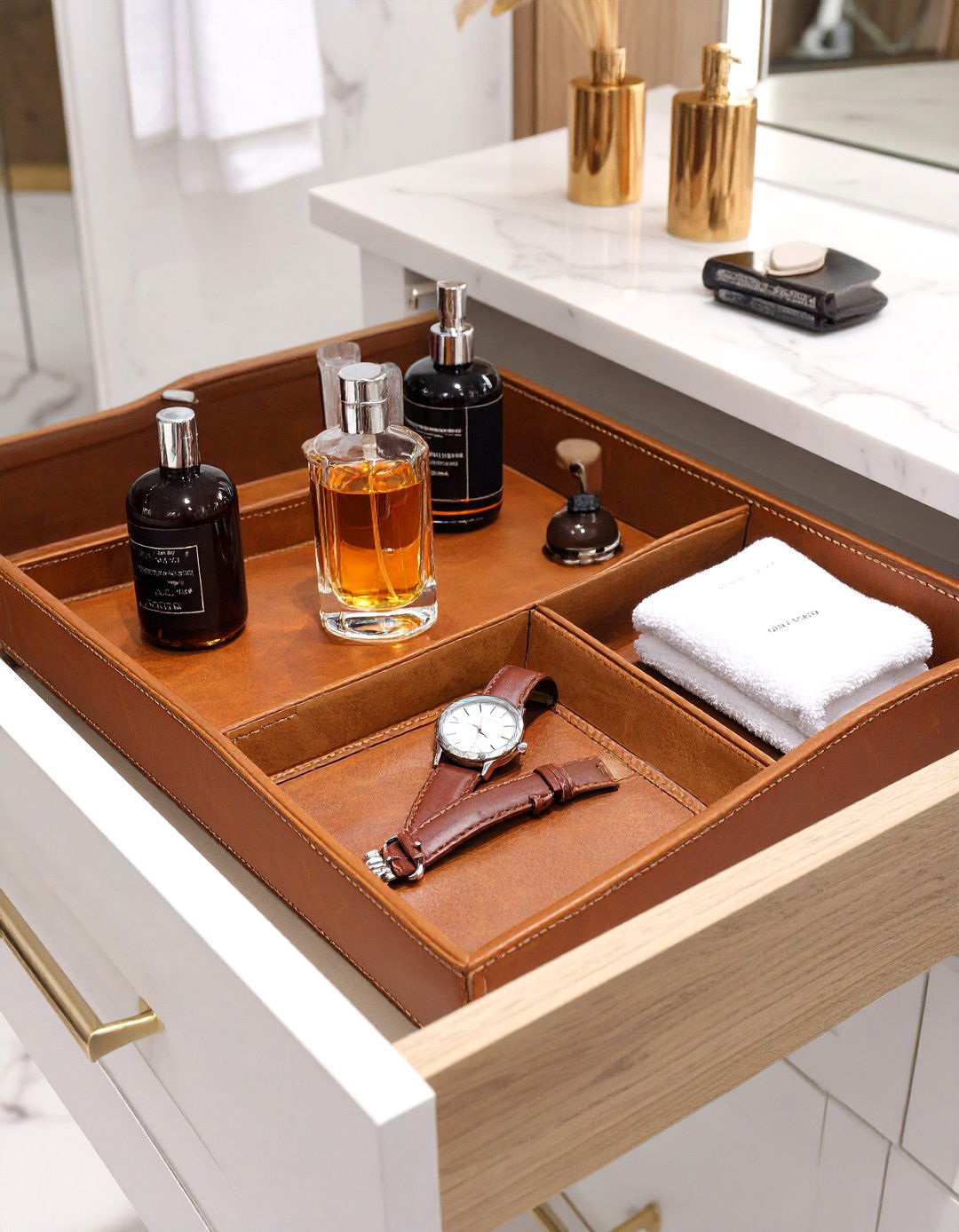 Leather Trays for a Touch of Luxury - 30 bathroom drawer organization ideas