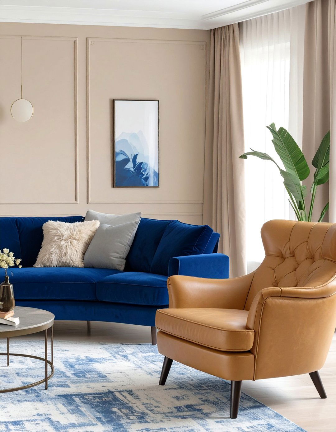 Leather and Blue Velvet Living Room - 30 blue couch living room ideas