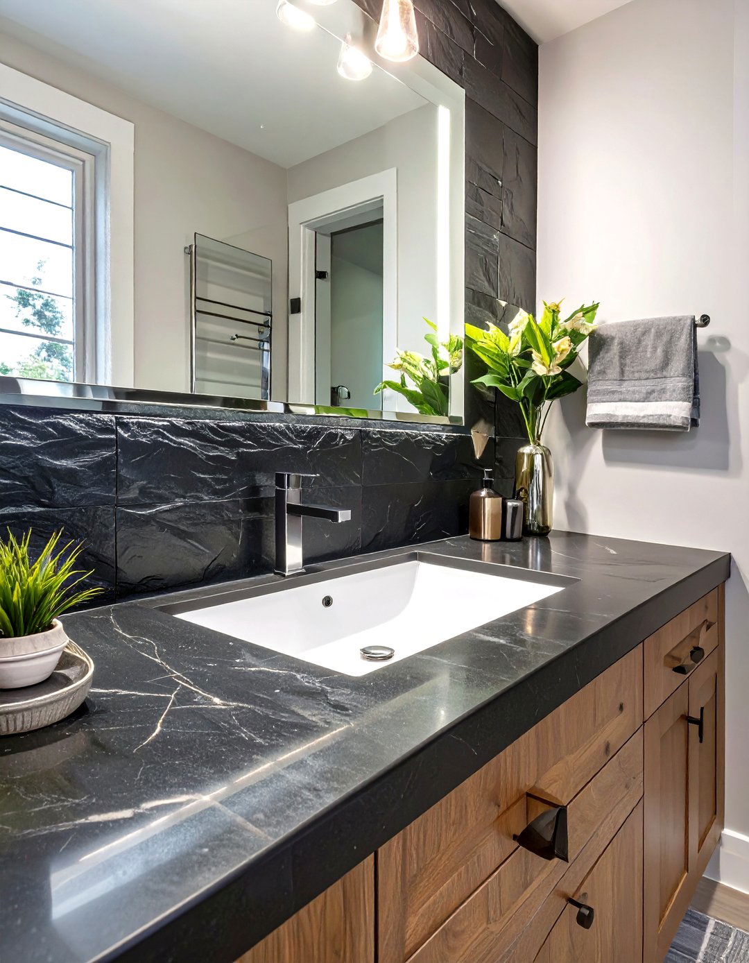 Leathered Stone Slab Backsplash - 30 vanity backsplash bathroom sink backsplash ideas