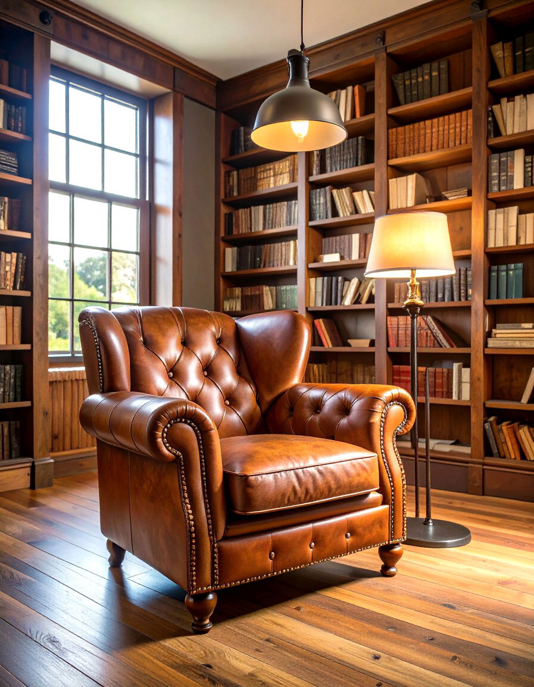 Library Corner with a Leather Armchair - 30 rustic man cave ideas