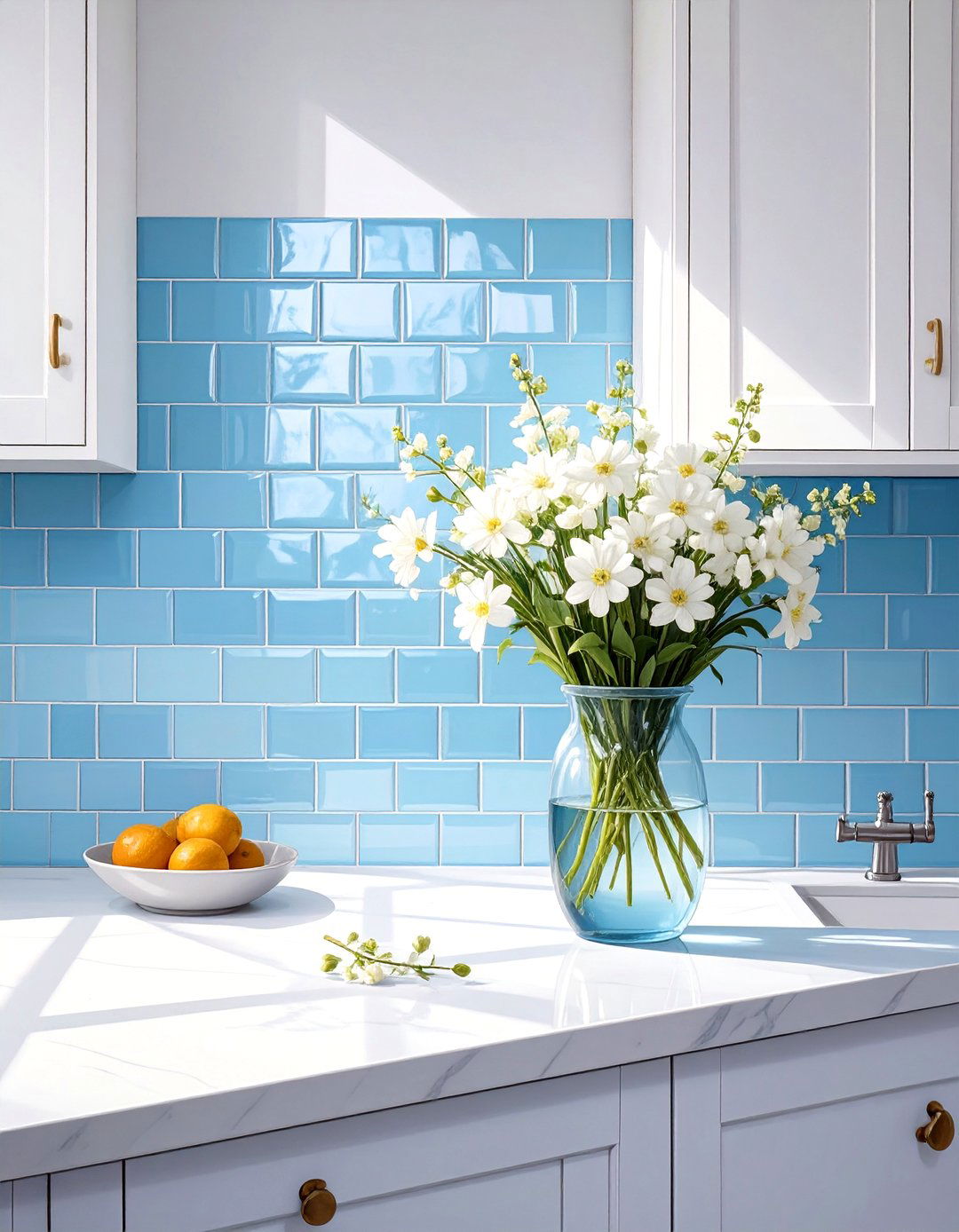 Light Blue Backsplash in a Small Coastal Kitchen - 30 small coastal kitchen ideas
