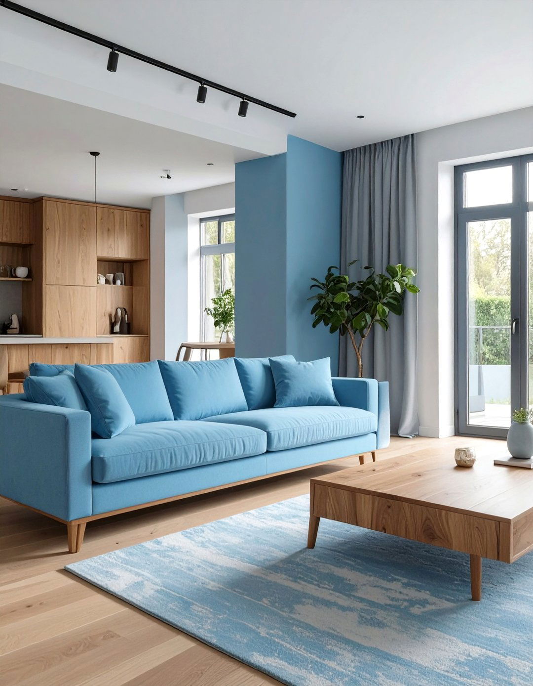 Light Blue and Wood Tones Living Room - 30 blue couch living room ideas