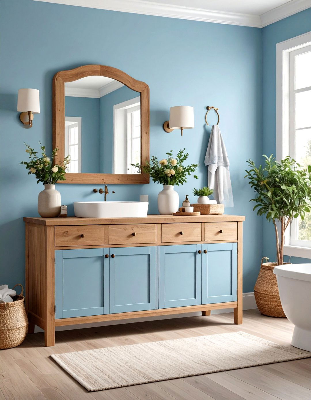 Light Blue with Natural Wood Tones - 30 light blue bathroom ideas