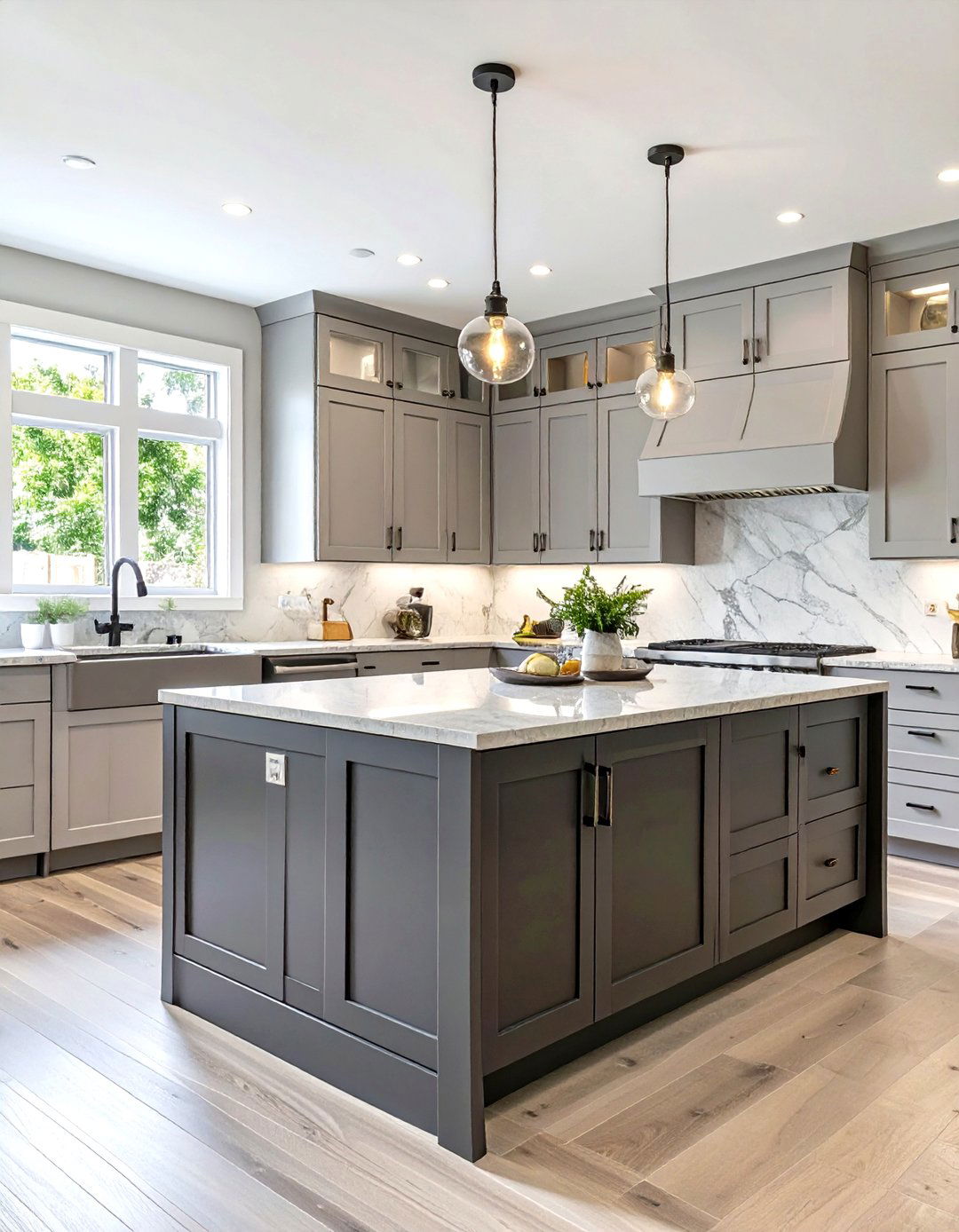 Light Gray Uppers and Lowers with a Darker Gray Island - 30 two tone kitchen cabinet ideas