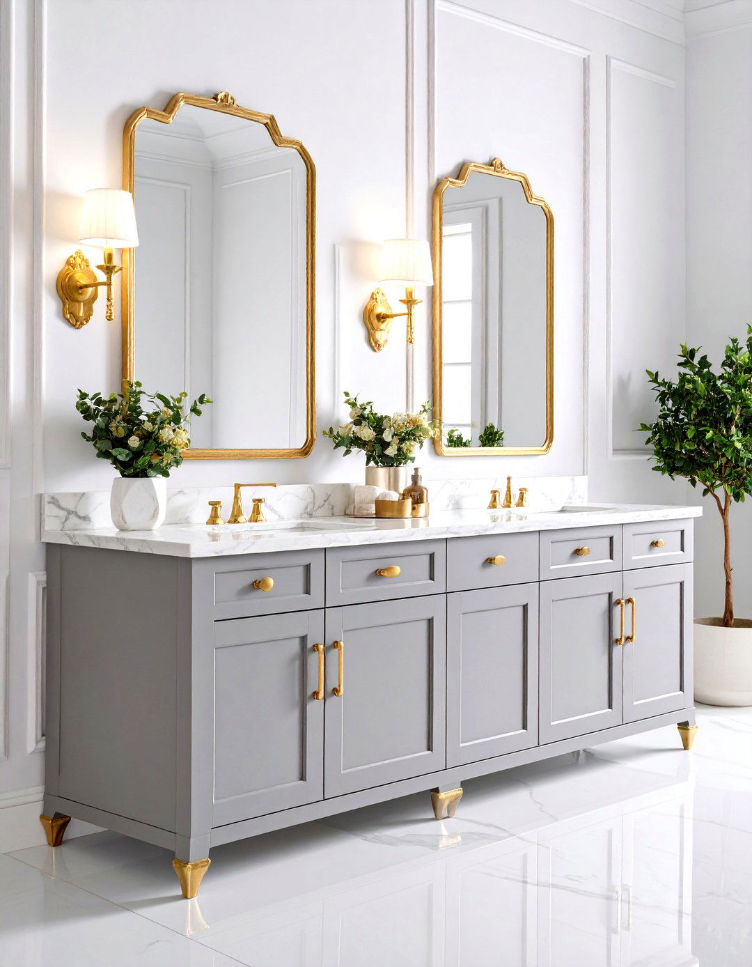 Light Grey Vanity with Gold Hardware - 30 light grey vanity bathroom ideas