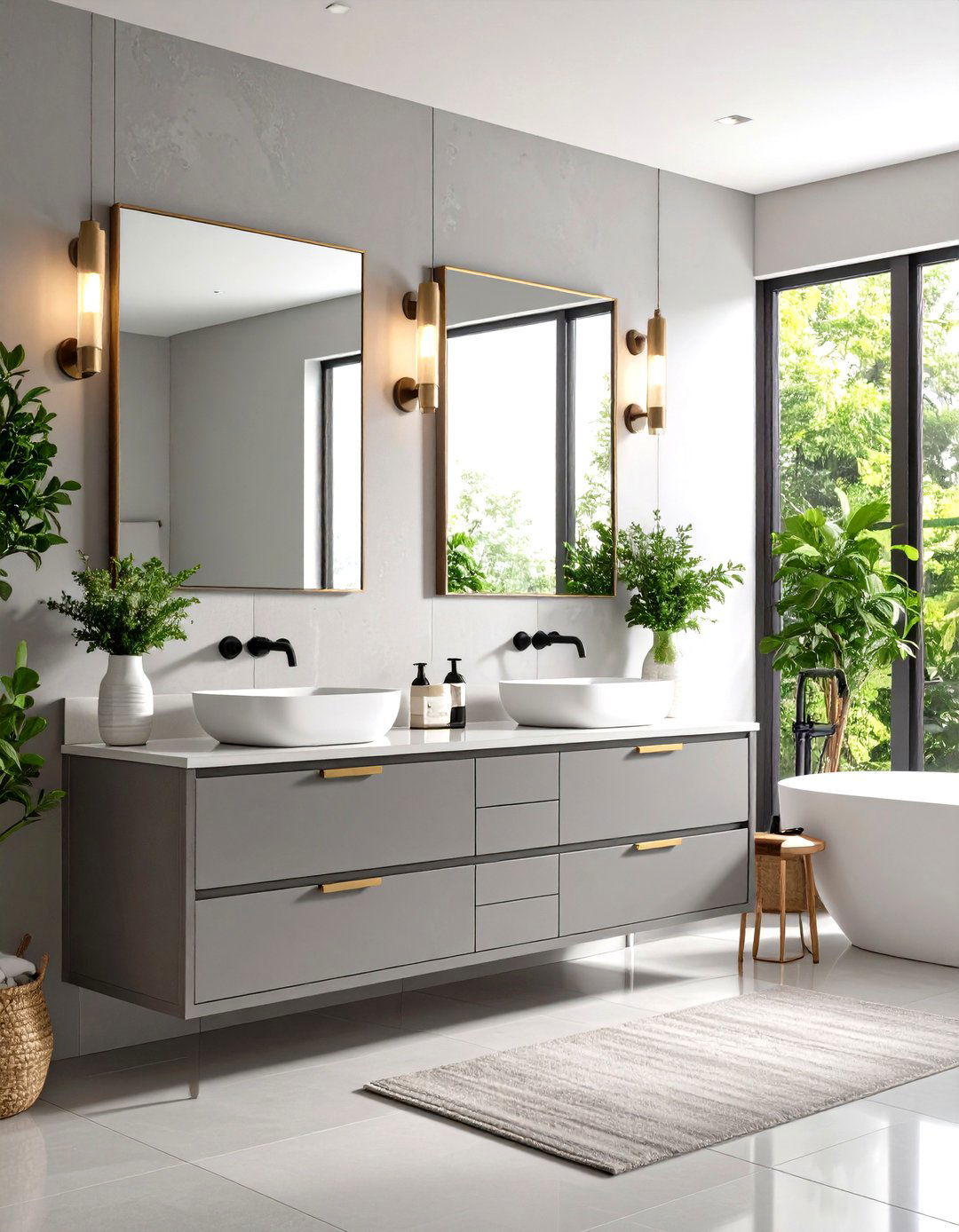 Light Grey Vanity with Mixed Metals - 30 light grey vanity bathroom ideas