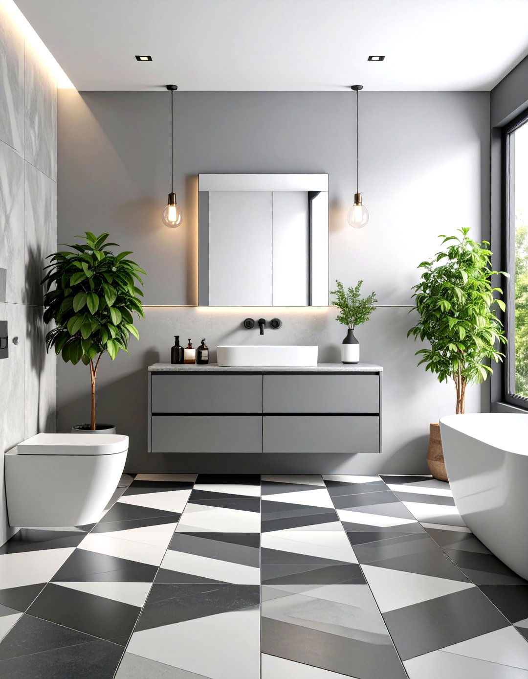 Light Grey Vanity with Patterned Floor Tiles - 30 light grey vanity bathroom ideas