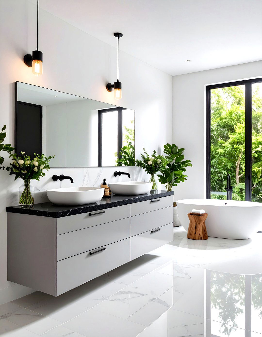 Light Grey Vanity with a Black Countertop - 30 light grey vanity bathroom ideas