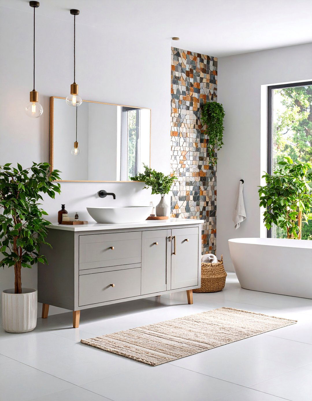 Light Grey Vanity with a Colorful Backsplash - 30 light grey vanity bathroom ideas