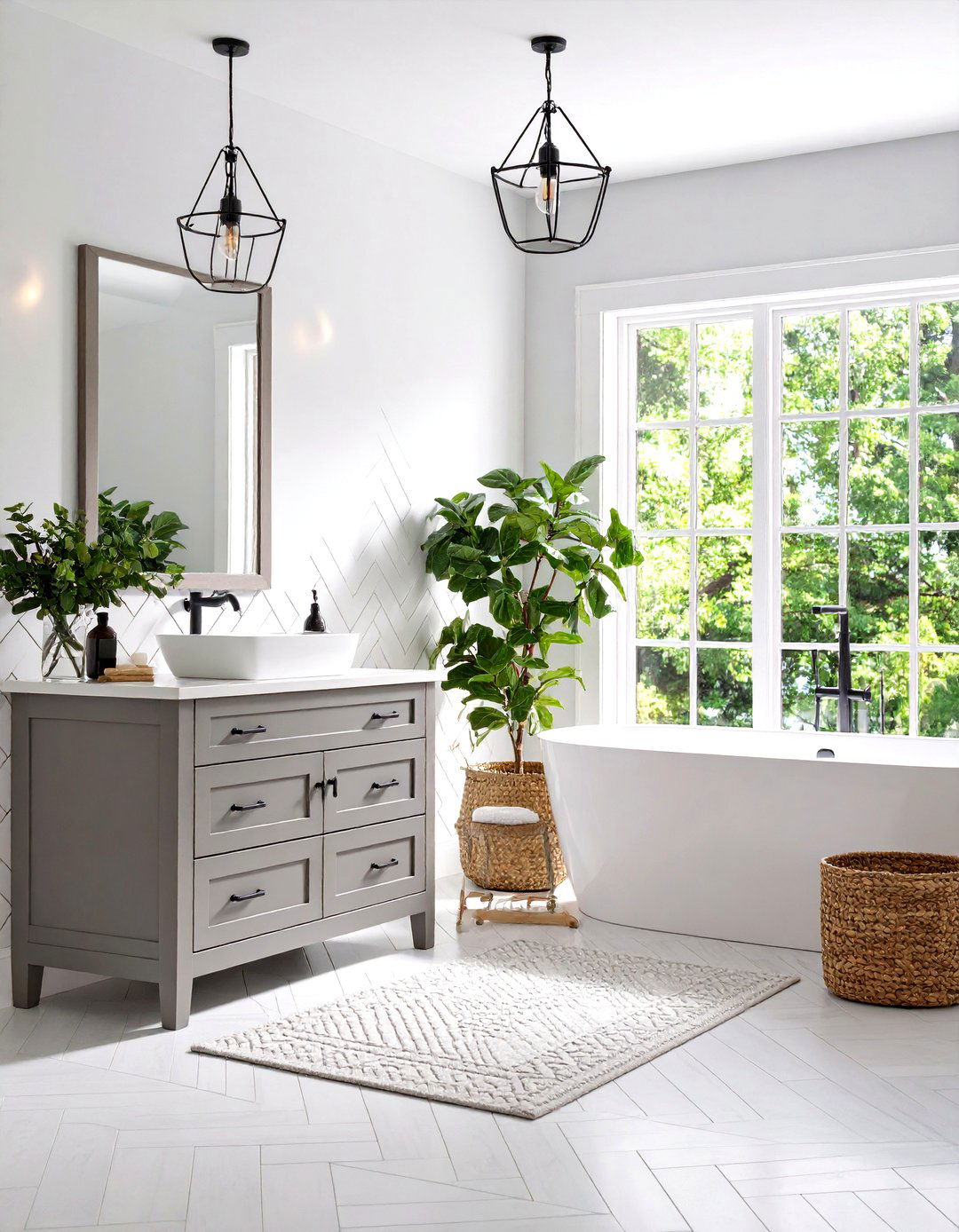Light Grey Vanity with a Subway Tile Backsplash - 30 light grey vanity bathroom ideas