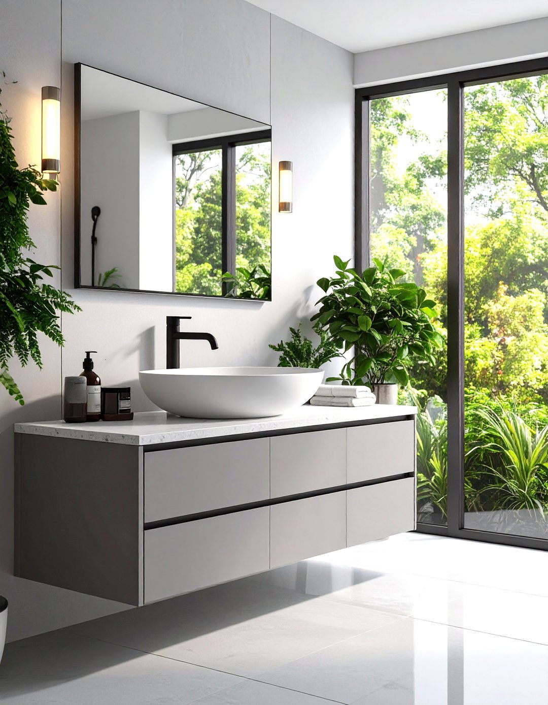 Light Grey Vanity with a Vessel Sink - 30 light grey vanity bathroom ideas