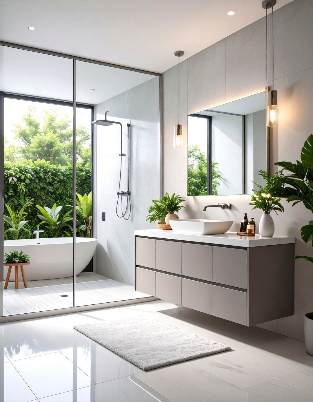 Light Grey Vanity with a Waterfall Countertop - 30 light grey vanity bathroom ideas